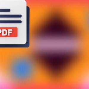 May include: A 3D rendered image of a document with the letters "PDF" on a red banner. The background is a blurred gradient of orange, pink, and purple with blue circles and diamond shapes.