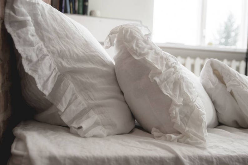 Natural Linen Pillowcase l Linen Ruffle Shabby Chic Bedding l Stonewashed Linen White, Gray, Blue Pillow Case l Romantic Pillow Sham image 2