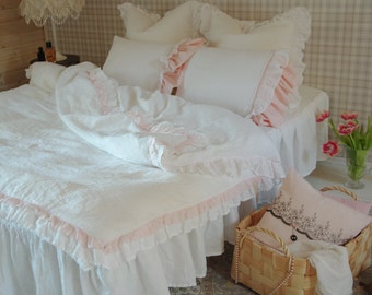 Luxury Linen Duvet Cover White Pink Ruffles Shabby Chic Romantic Bedding Stone Washed Linen Duvet Cover King Queen  Double Twin