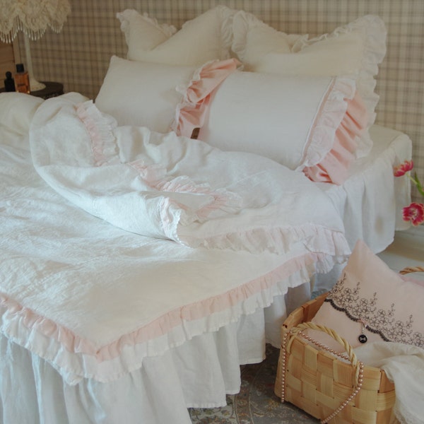 Housse de couette en lin de luxe, blanc rose, volants, shabby chic, literie romantique, housse de couette en lin lavé à la pierre, très grand lit, lit double