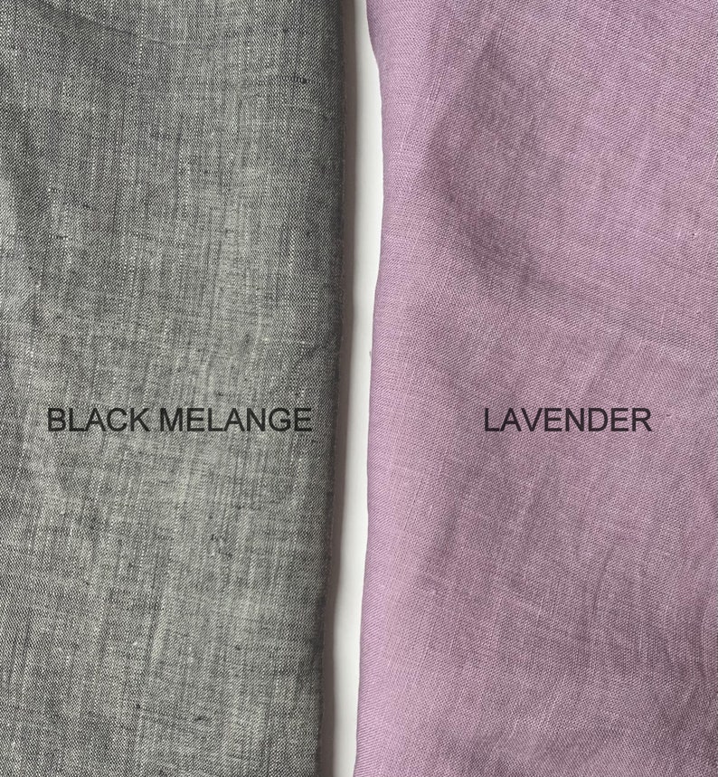 May include: Two fabric swatches, one black with a subtle melange texture and the other a light lavender color. The swatches are labeled "Black Melange" and "Lavender".