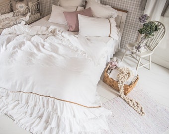 Linen Duvet Cover Romantic White Ruffles Shabby Chic Bedding Stonewashed Duvet Cover King, Queen, Double, Twin Size Custom Bedding