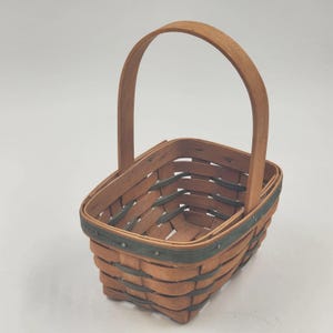 1993 Longaberger Handwoven Green Striped Basket with Wood Handle, 7x5 inches Vintage