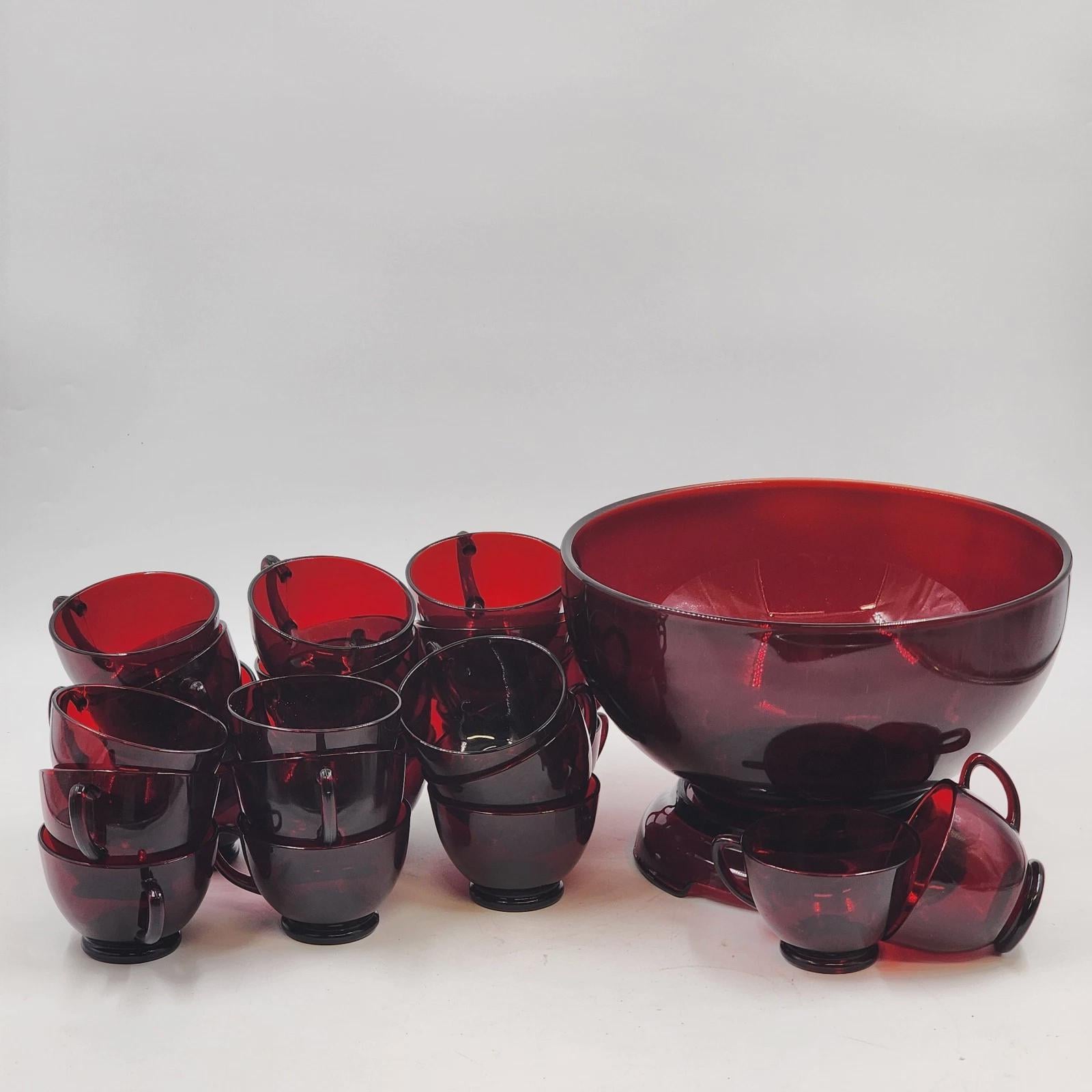 Vintage Anchor Hocking Royal Ruby Red Punch Bowl Set, 23 Cups 