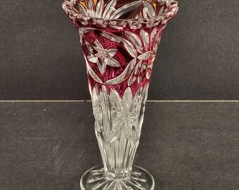 Hofbauer Star Flower Vase Ruby Red & Clear Glass Cased 24% Crystal 6.75" Germany