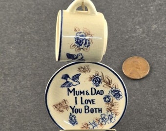 Miniature Cup Saucer Mum Mom Dad Love England Ceramic China Bluebird Mothers Day