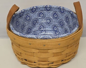 Longaberger Basket 6.5" Round 2 Leather Handles Cloth Liner & Plastic Protector