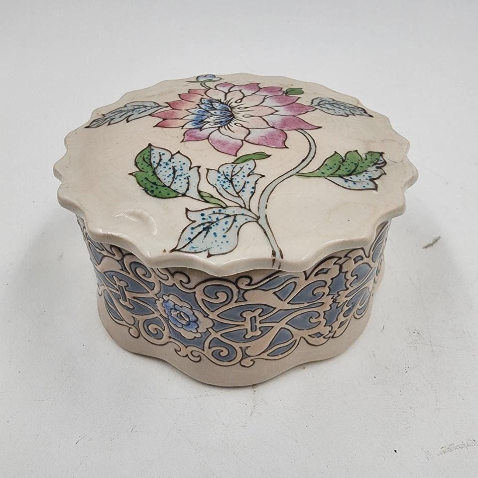 ヴィンテージマカオ陶器箱：手描き花柄小物皿、5 x 2インチ - Etsy 日本