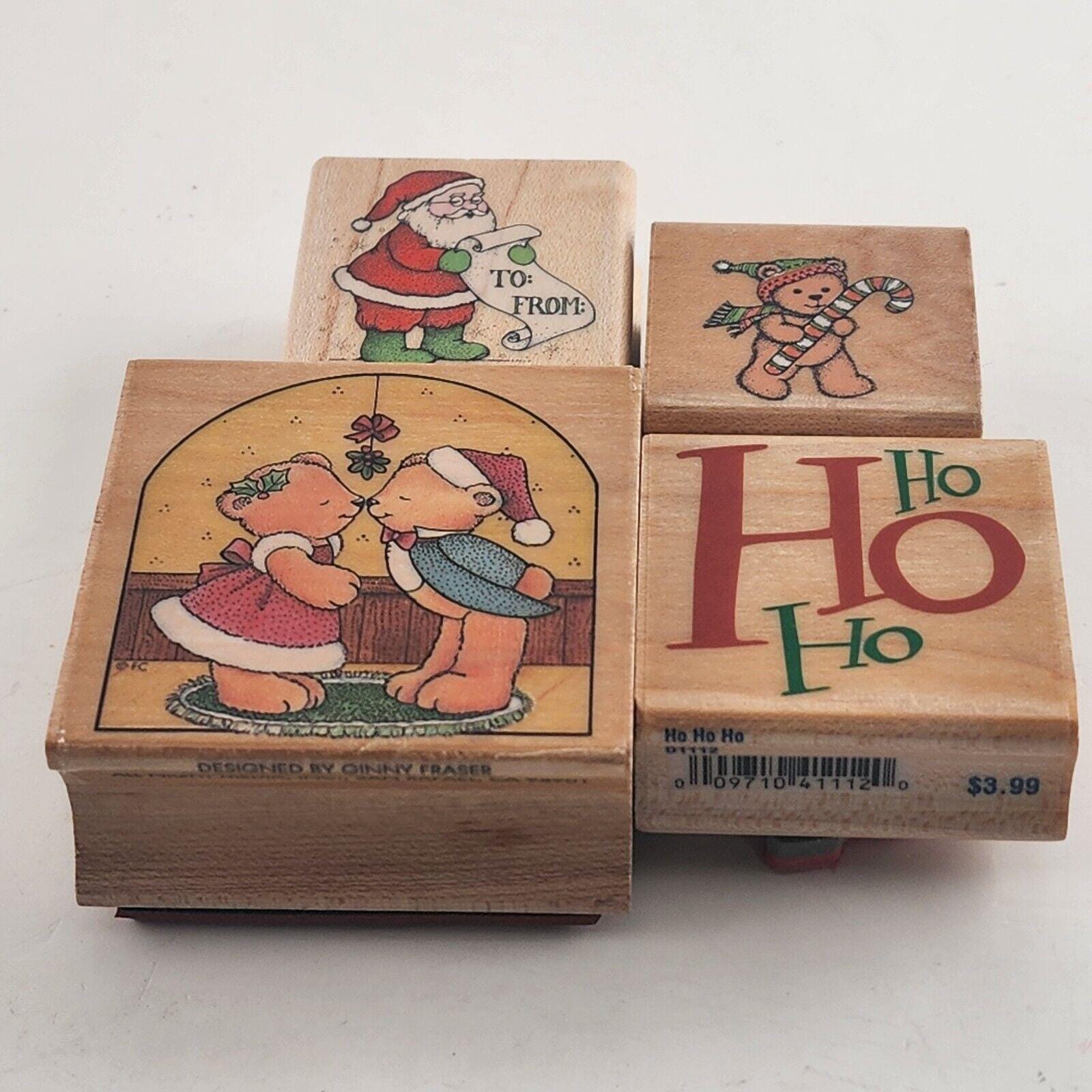 Vintage Holiday Christmas Wooden Rubber Stamps Set - 4 Festive  display picture 1