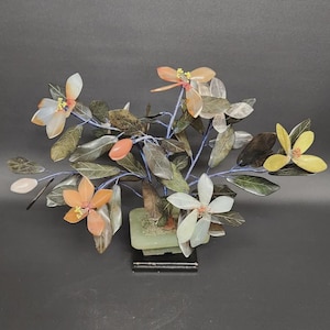 Japanese Bonsai Glass Tree Clay Pot Figurine Leaves Pastel Flowers Wood Base Vtg