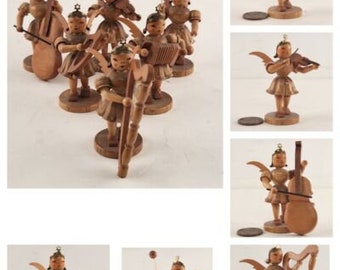 6 Pc Erzgebirge Wood Winged Angel Orchestra Playing Instruments Vintage 2-1/2" Tall