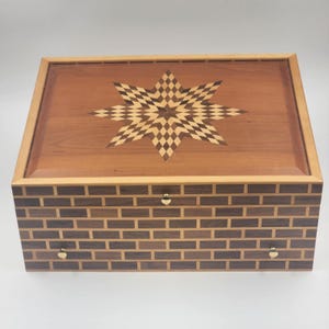 Handcrafted Moroccan Thuya Wood Jewelry Box with Starburst Inlay Design - Large 17 inch Storage Chest