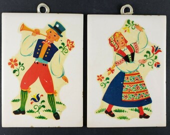 2 Wheeling Cushion Dutch Danish 6"x4-1/4" on White Ceramic Tiles 50's Decor Hangers