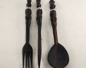 Wooden African Tribal Fork Knife Spoon Hand Carved Wall Hanging Ebony Figures