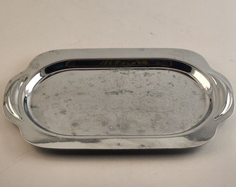 Silver Platted And Engraved Serving Tray With Handles Vintage 10" L x 6" W