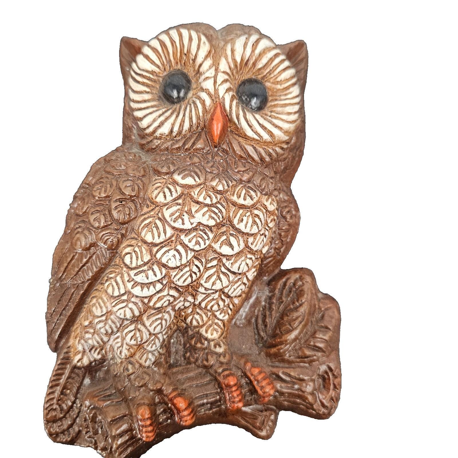 Owl Wall Plaque Decor Brown Cream Faux Wood Textured Foam Resin 7.5" 1970 Nature