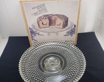 Indiana Glass Diamond Point Cake Stand 12" Pedestal Clear Original Box #1429