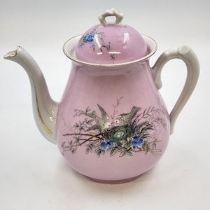 Puede incluir: Una tetera de porcelana rosa claro con tapa a juego, que presenta una ilustración detallada de dos pájaros cerca de un nido con flores azules y follaje verde. La tetera tiene un asa curva, un pico con borde dorado y un interior de color blanco.