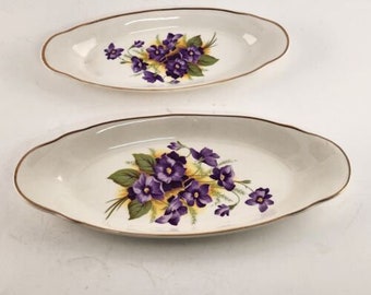 2 Pc Bone China Relish Trinket Dishes Violets Gold Trim 10" & 8" Long England