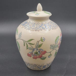 Blue Pink Chinoiserie Ginger Jar Hand Painted Floral Lidded Vase Macau Ceramic Vintage Decor