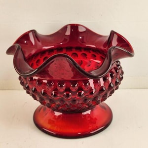 Fenton Old Virginia Glass Bowl Ruby Red Hobnail Footed Ruffled Edge Vintage 6&quot;w