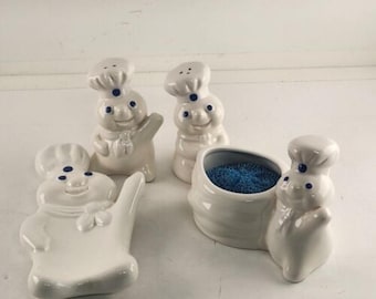 Pillsbury Doughboy 3 Pc Kitchen Set Spoon Rest Salt-Pepper Scouring Pad Holder