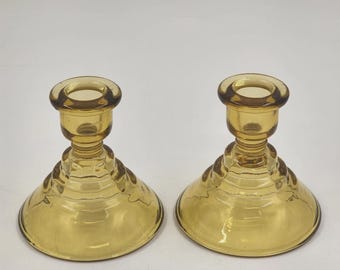 Indiana Glass Candlestick Holders Set of 2 Amber Recollection Pattern 4" Ringed Base Vintage Candle Holders