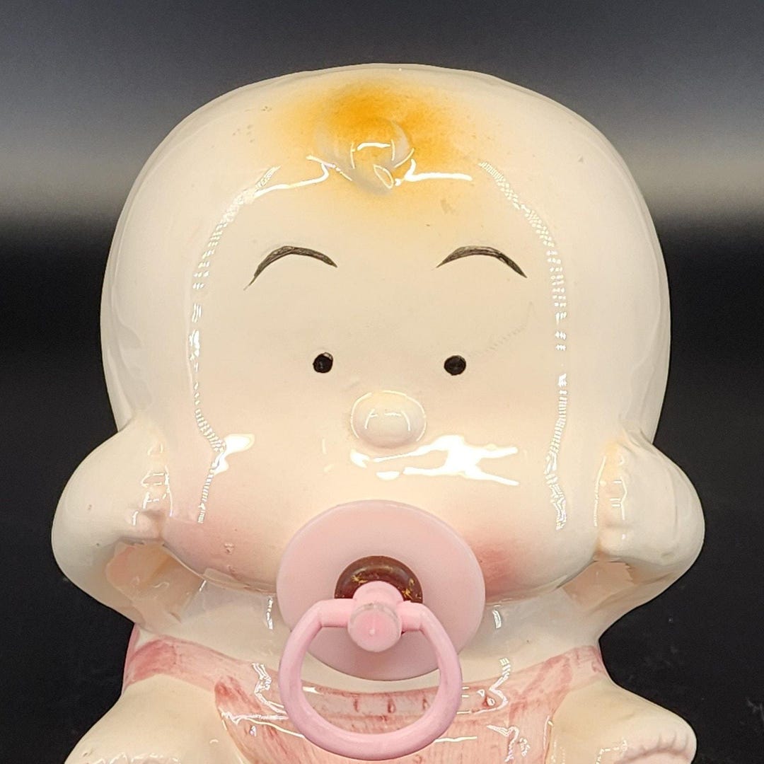 Porcelain Pacifiers Vintage Luv Imports Baby Girl Planter Pink Bow Pacifier Ceramic Nursery ...