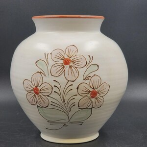 Hungarian Vase Vintage Pottery Floral Design Glazed Brown Interior 9"x10" Signed