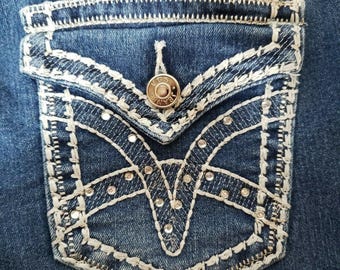 Pantalones Capri para mujer VGS, talla 4, tiro medio, mezclilla azul, bolsillos con solapa y pedrería, estilo Y2K