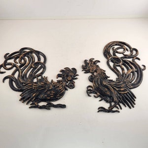 Vintage Vermay GC2 Brown Cast Metal Fighting Roosters Wall Art - Farmhouse Country Decor