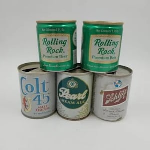 5 Old Vintage Short Empty Beer Cans Schlitz Pearl Cream Ale Colt 45 Rolling Rock