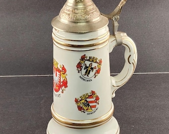 Jarra de cerveza musical alemana de cerámica con tapa que reproduce "Good Bye" (Adiós) - Artículo de colección para bares