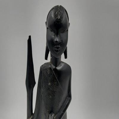 African Warrior Sculpture Hand Carved Ebony Dark Ironwood 15" with Broken Spear