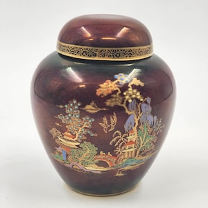 Vintage Crown Devon Lidded Jar, Blue Willow Chinoiserie Decor