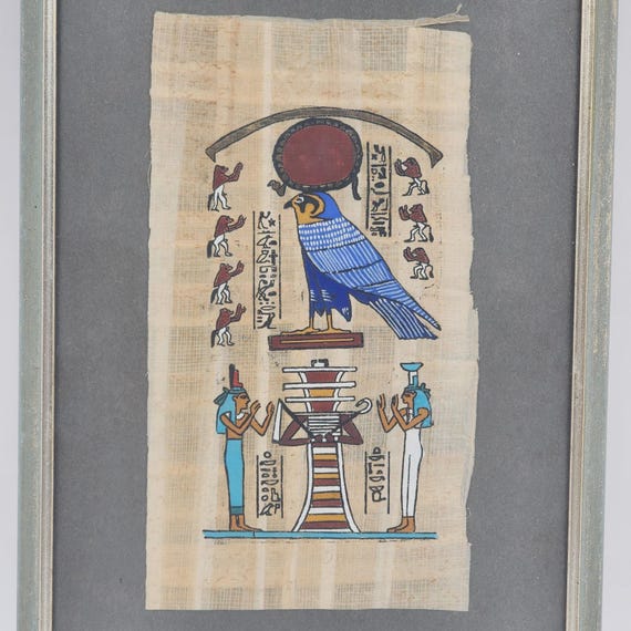 額入りエジプトのパピルス画 神ラー ヒエログリフ Tschunko W. ドイツ