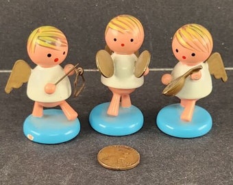 3 Wood Angel Musical Birthday Figurines Goula Spain Erzgebirge 2"T Vintage