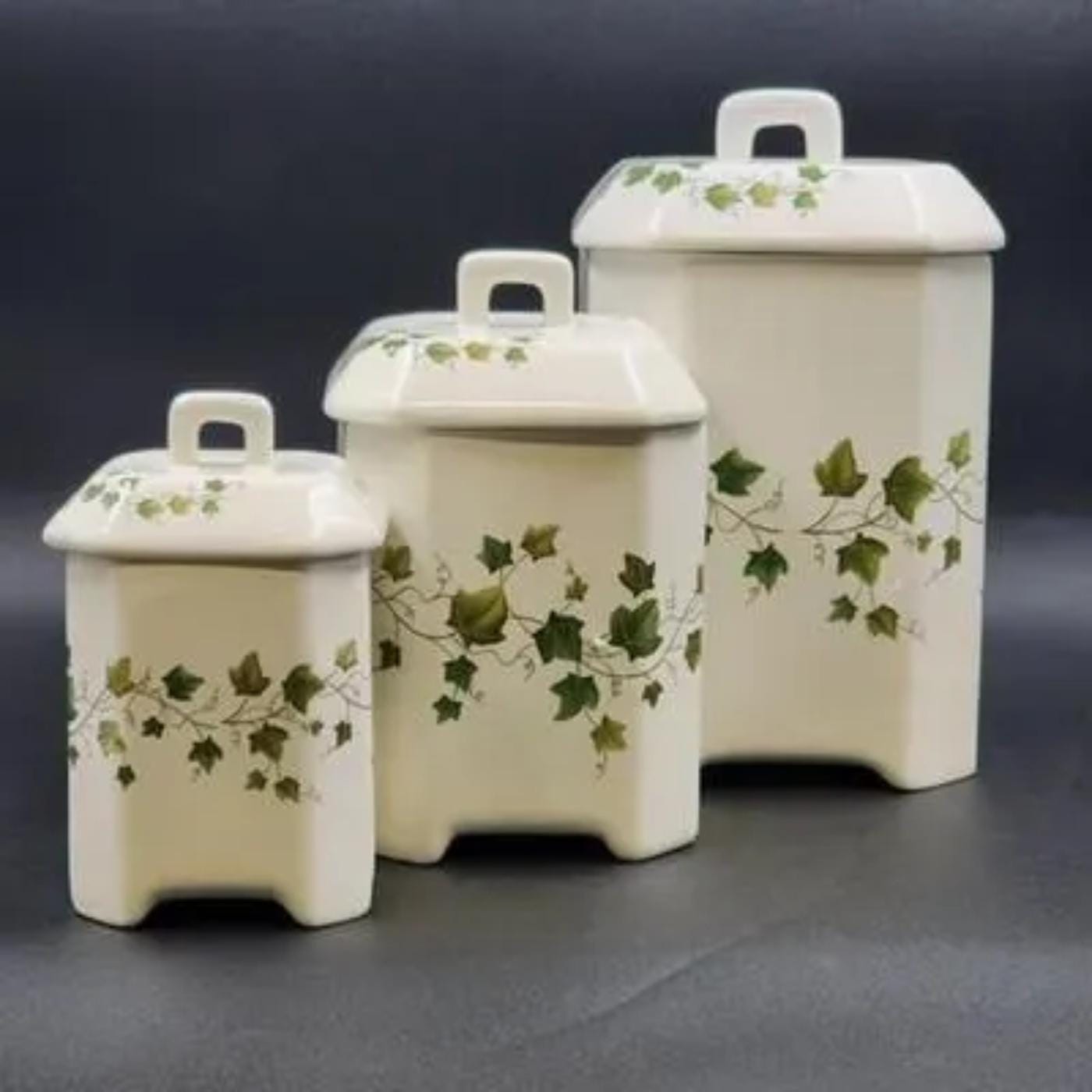 Vintage Ivy Green Leaf Dolomite Ceramic Kitchen Canister Set - 3