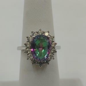 Mystic Topaz Rhinestone Ring – Silver Tone Statement Jewelry, Size 6