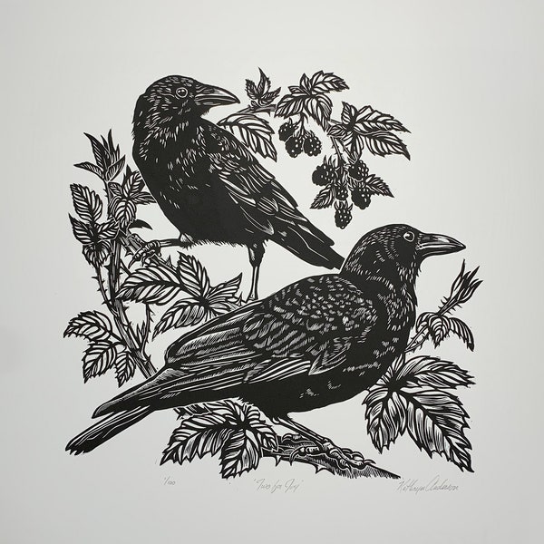 Two for Joy, limited edition, linocut, crow, corvid