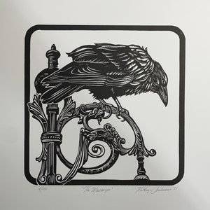 The Messenger, limited edition, linocut, Raven, hand-carved