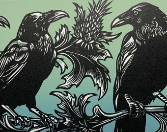 Odin's Dream II (Multicolor), limited edition, linocut, Raven, hand-carved