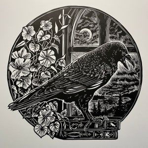 Moonflower, limited edition, linocut, Raven, hand-carved