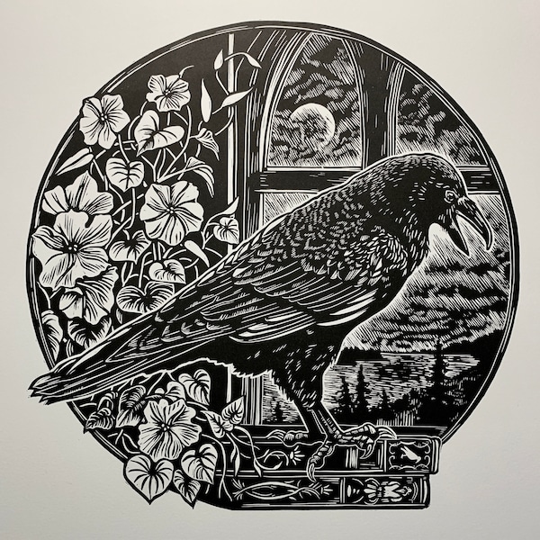 Moonflower, limited edition, linocut, Raven, hand-carved