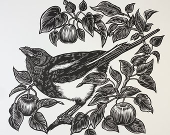 Pie dans un poirier linogravure, édition limitée