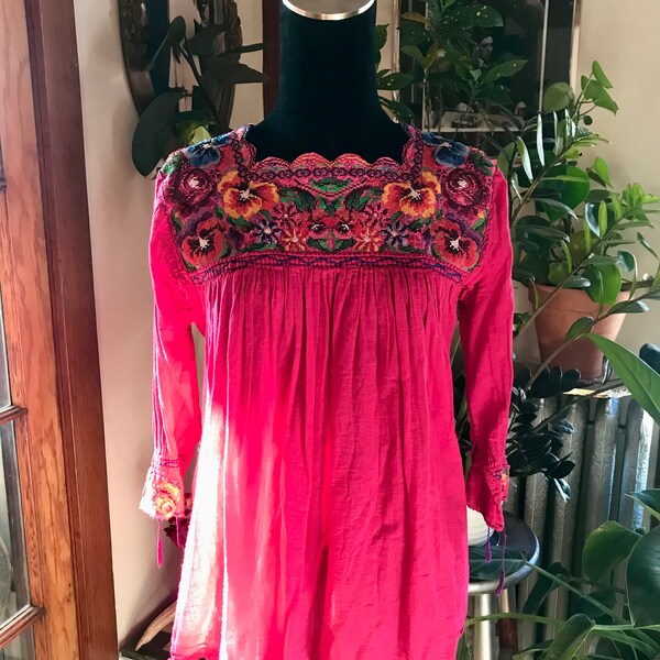 Vintage vibrant Guatemalan artisan floral embroidered Huipil long sleeved mesh blouse