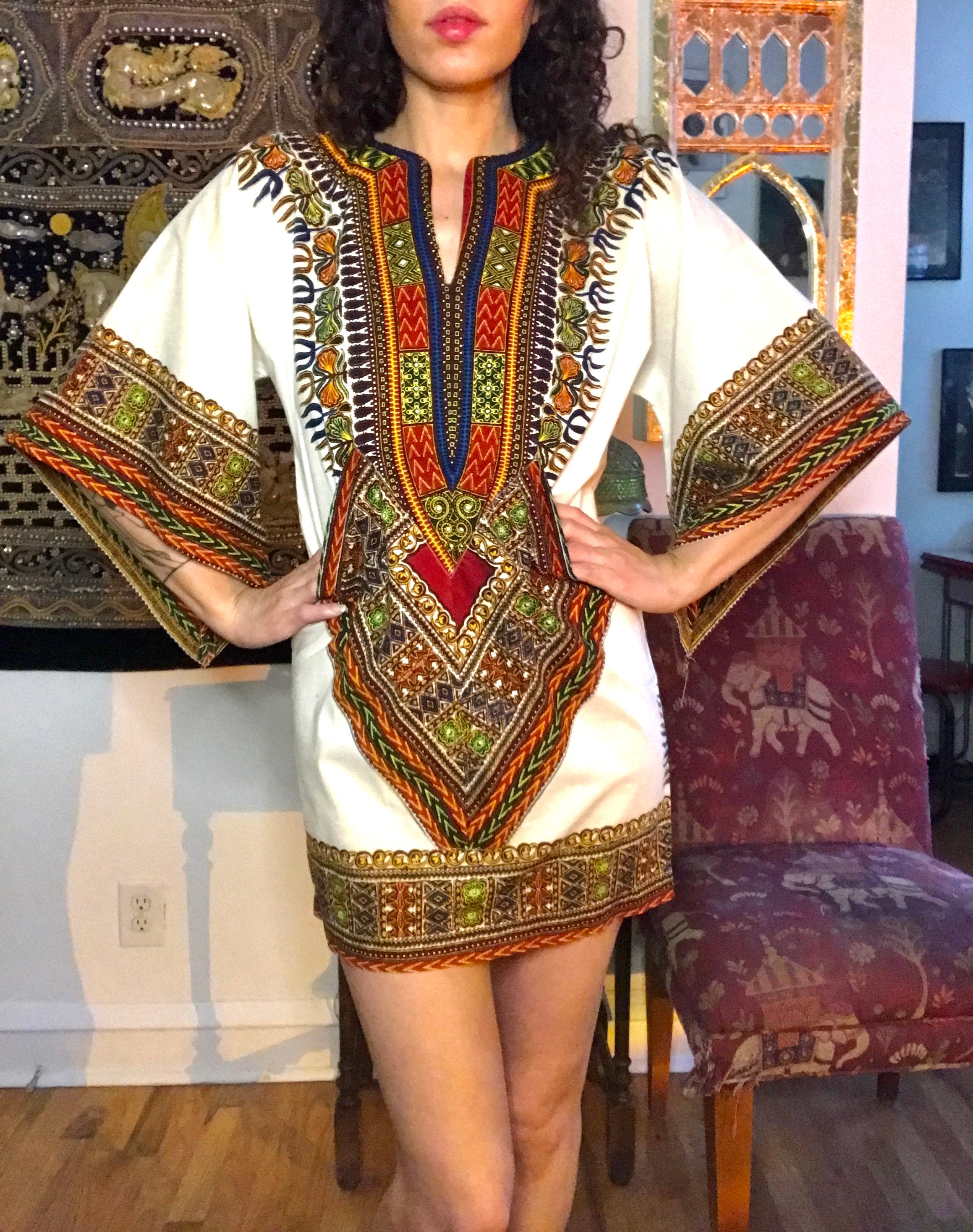 Vintage Dashiki Tunic Mini Dress With 