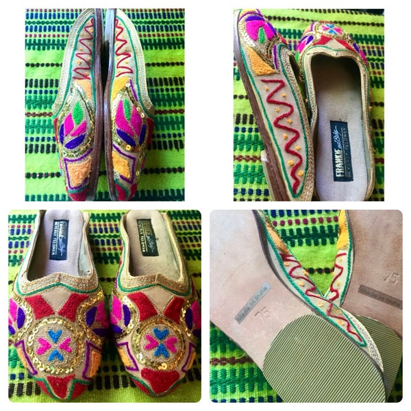 Vintage 1980s Frankie and Baby Beverly Feldman sequined and embroidered slip on slipper mules made in India size 7.5