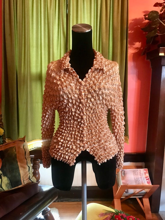 90s long sleeve button down popcorn top shirt blo… - image 1