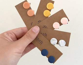 Clip on earrings, clay earrings, navy, mustard, terracotta, marble and blush